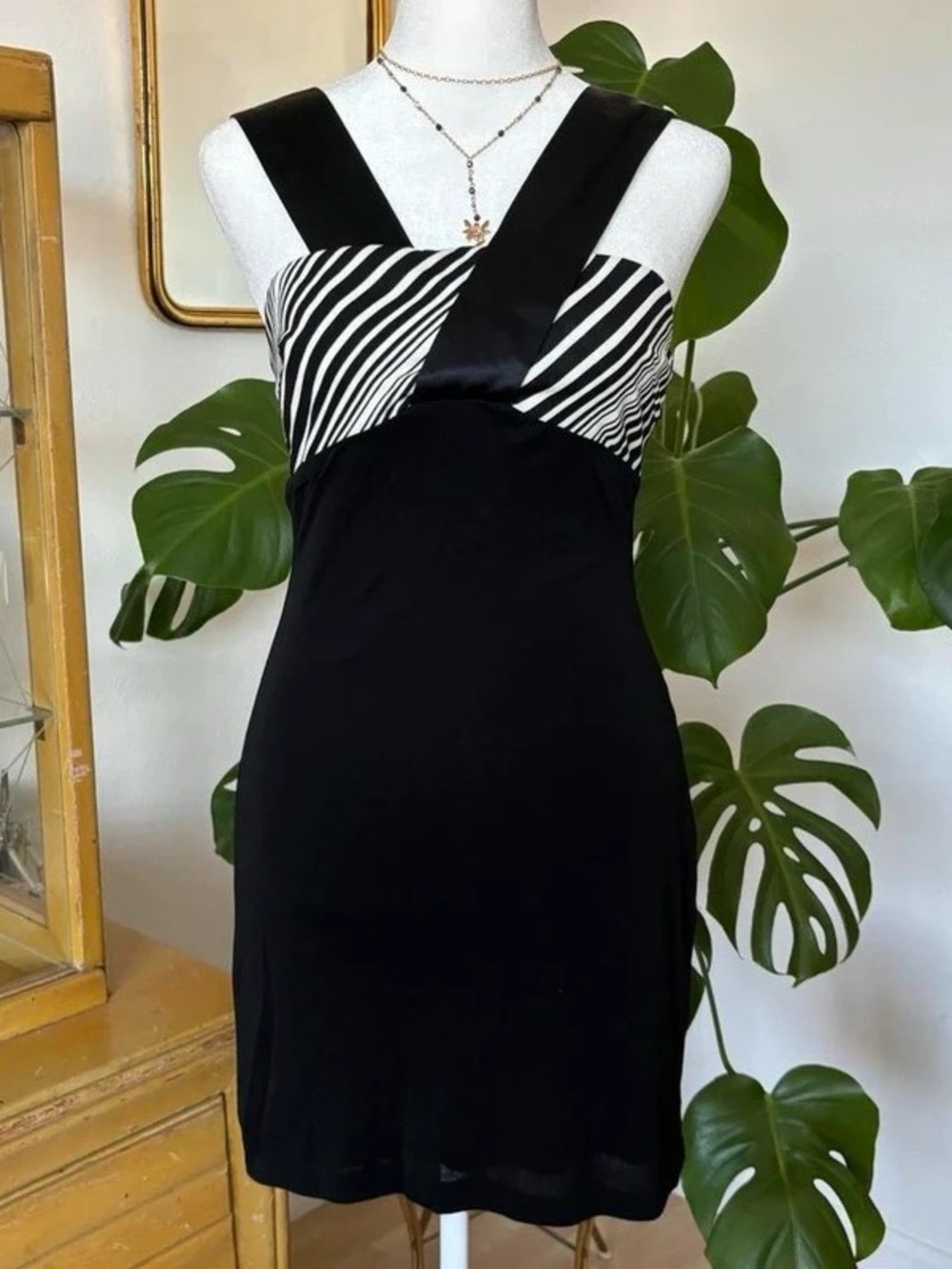 Black Mini Dress with Monochrome Striped Bust